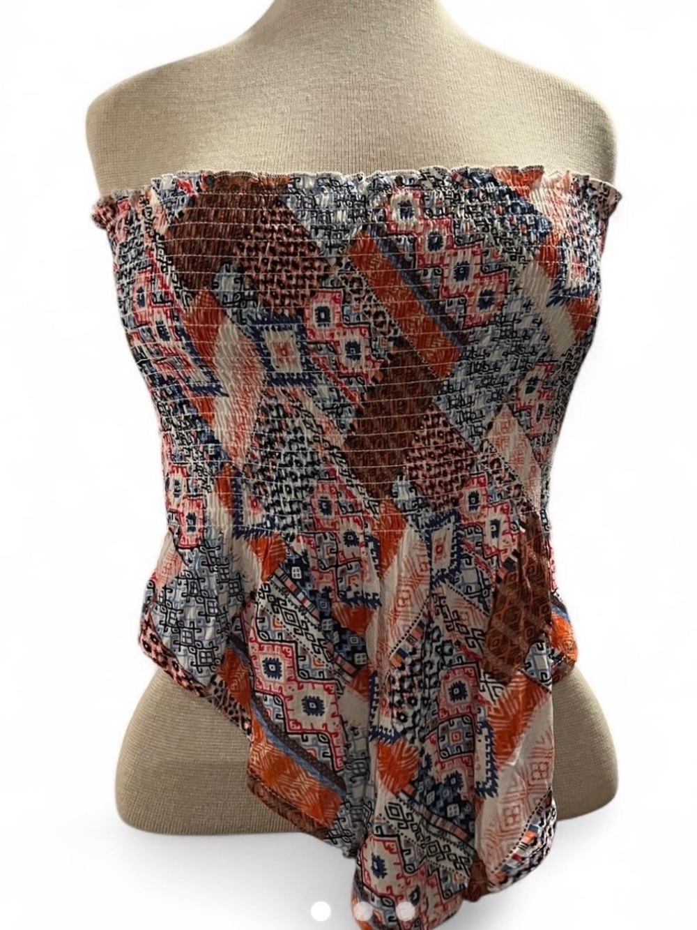 New Look Multi-Color Geometric Print Handkerchief Smocked Crop Top